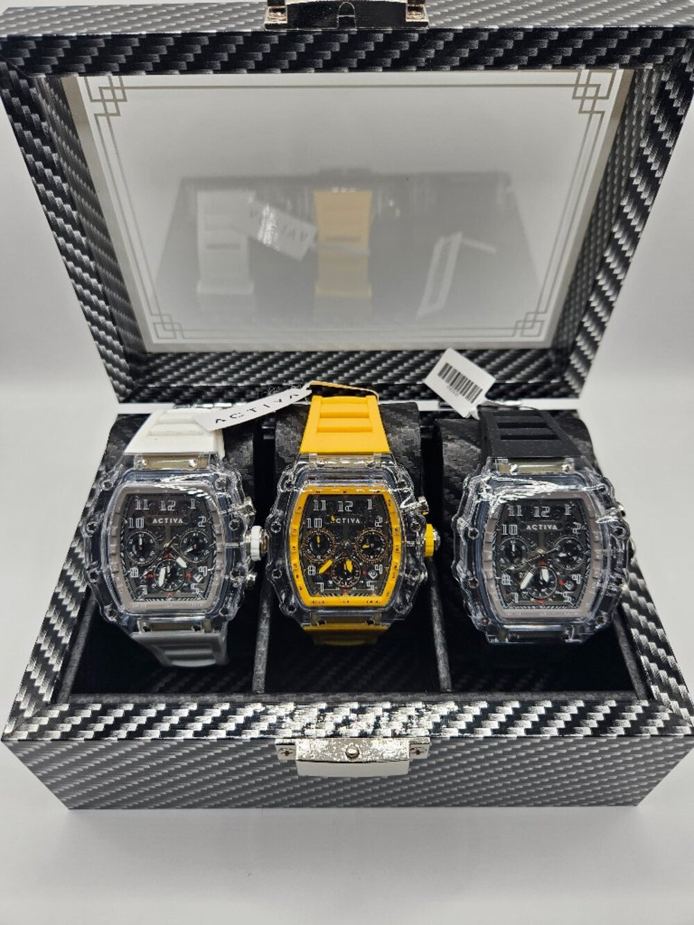 Activa 3-Piece Watch Set – Transparent Tonneau Design in Carbon Fiber Case